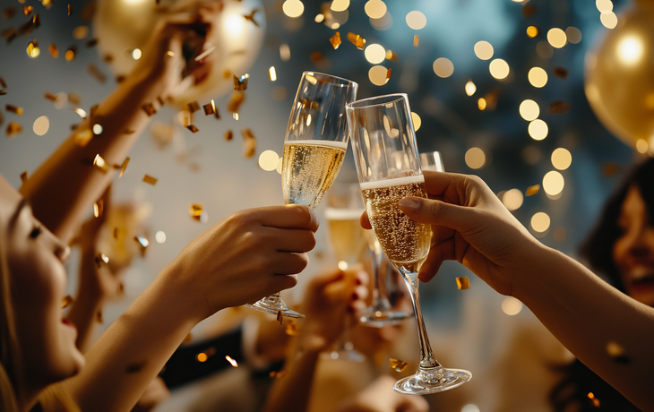 lebhafte Silvesterparty mit Sekt und Konfetti© Mikhail - stock.adobe.com Menschen stoßen mit Sektgläsern auf einer Feier an.