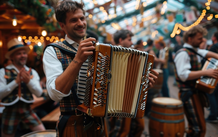 Musiker in bayerischer Tracht spielt Akkordeon
