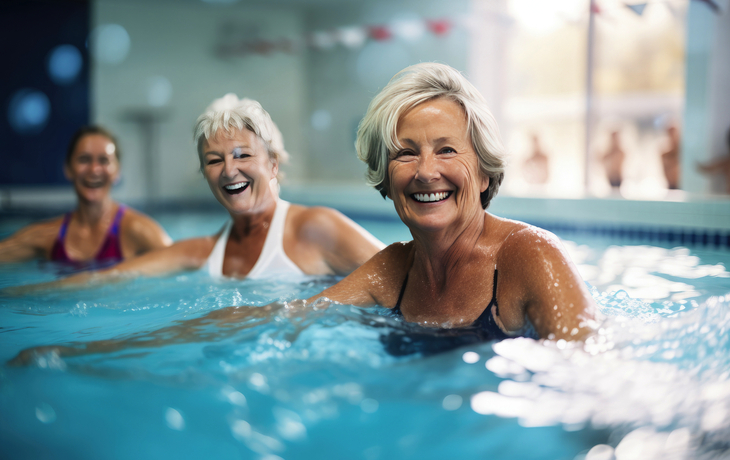Ältere Frauen beim Lachen und Schwimmen in einem Pool.