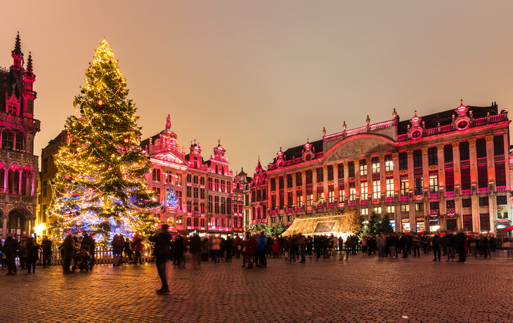 Weihnachtsbaum auf einem geschmückten Platz mit historischen Gebäuden