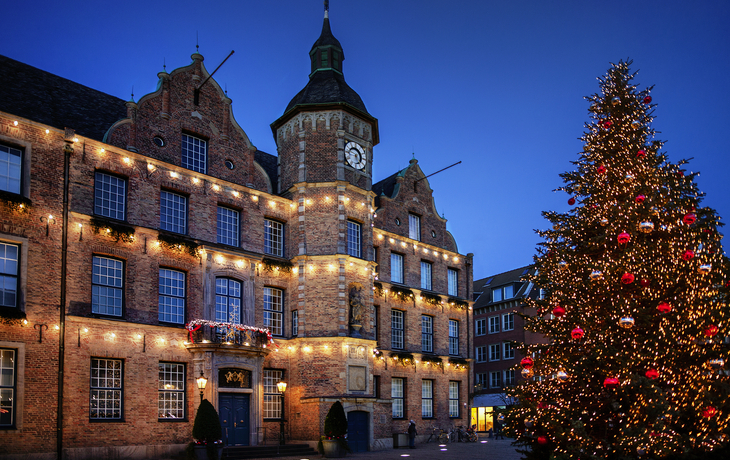 Historisches Gebäude mit Weihnachtsbaum und Lichterdekoration bei Dämmerung.