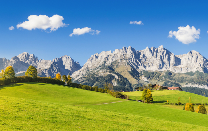 Grüne Wiesen vor einer Berglandschaft mit klarem Himmel und vereinzelten Wolken.