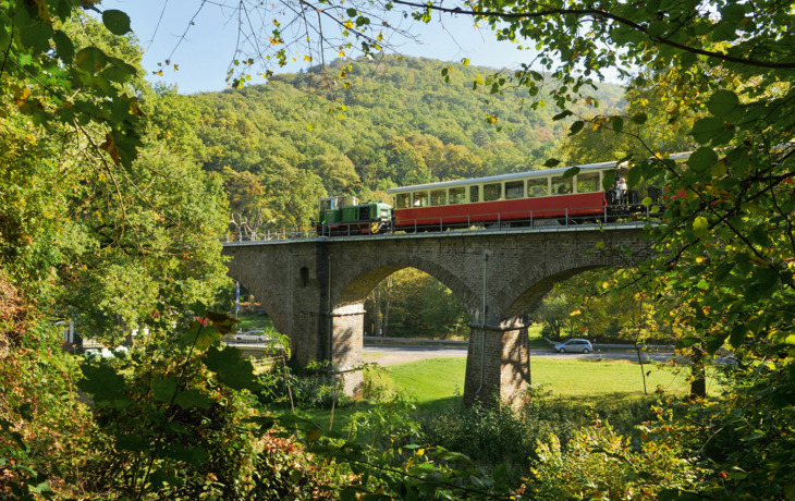 Eine historische Eisenbahn fährt über ein steinernes Viadukt in einer bewaldeten Landschaft.
