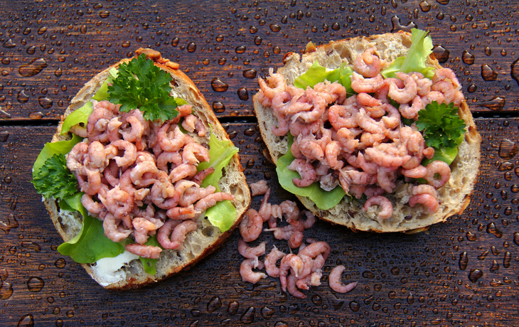 Zwei Scheiben Brot mit Krabben, Salat und Petersilie auf einem Holztisch.