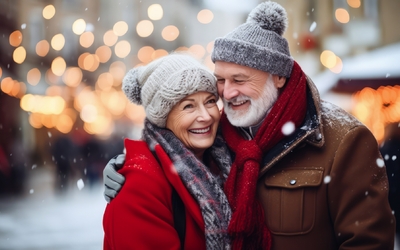 älteres Paar in warmer Kleidung mit einem unscharfen verschneiten Straßenhintergrund