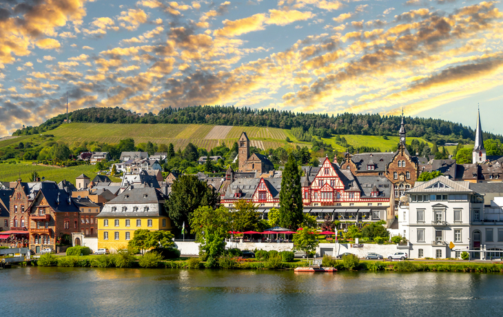 Stadtpanorama mit Fachwerkhäusern an einem Flussufer, im Hintergrund Hügel und bewölkter Himmel.