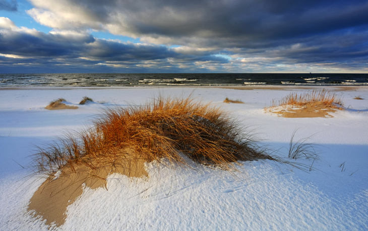 Küste bei Winterwetter mit Sanddünen und Meer im Hintergrund.