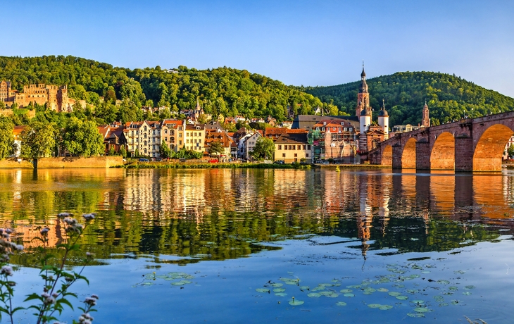 Panorama von Heidelberg mit Neckar und alter Brücke im Vordergrund.