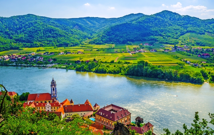Städtchen an einem Fluss mit Bergen und Feldern im Hintergrund.