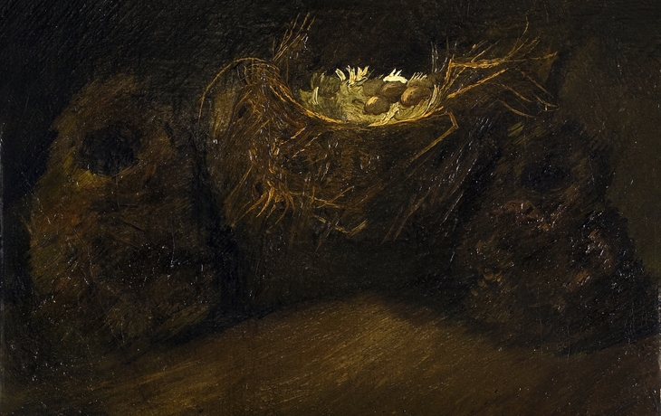 Ein Vogelnest mit Eiern auf einem dunklen Hintergrund im Kröller-Müller Museum.