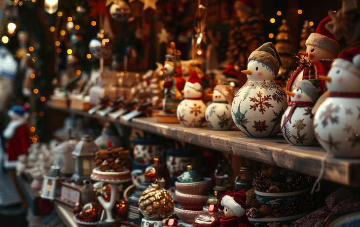 Weihnachtsmarktstand mit dekorativen Schneemännern und Lichtern.
