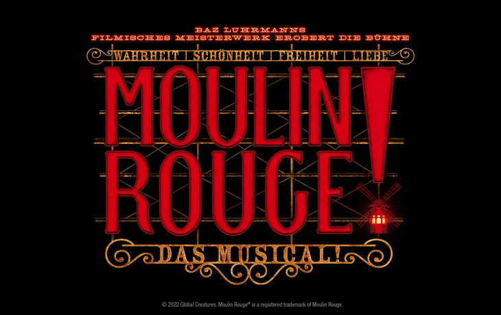 Logo des Musicals Moulin Rouge  künstlerisches Key Visual mit stilisiertem Schriftzug.
