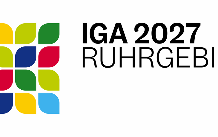 Logo der IGA 2027 mit buntem Blattmuster und Schriftzug 