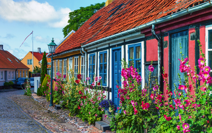 Bunte Häuser mit Blumen in einer gepflasterten Straße.