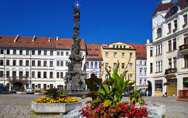 Barocke Statue auf einem Platz mit blühenden Beeten und historischen Gebäuden.