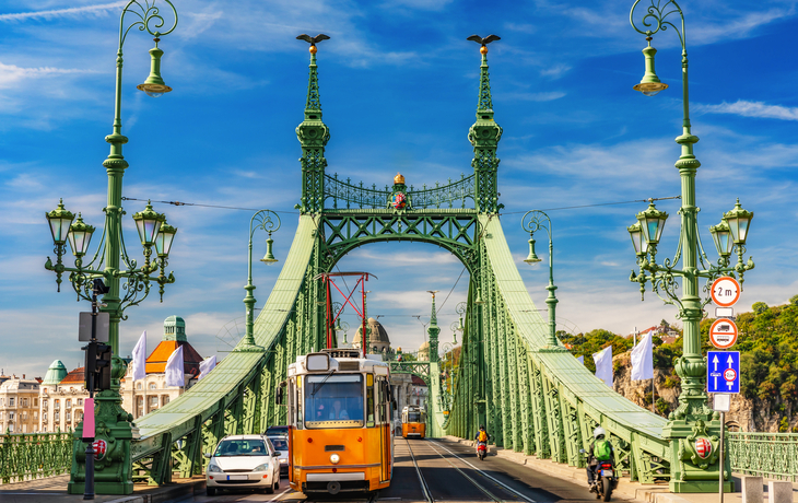 Grüne Brücke mit gelber Straßenbahn und Fußgängern am Tag.