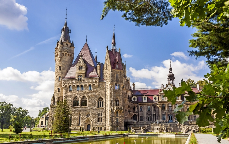Ein Schloss mit Türmen und Zinnen, umgeben von Bäumen und einem Teich.