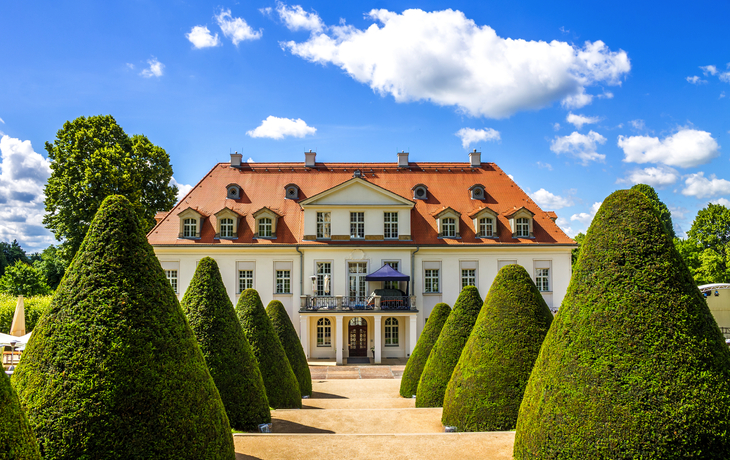 Barockes Schloss Wackerbarth mit Weinbergen in Radebeul, Deutschland