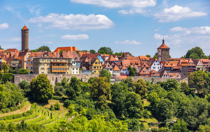 Panorama der Altstadt von Rothenburg ob der Tauber mit historischen Gebäuden und Türmen.